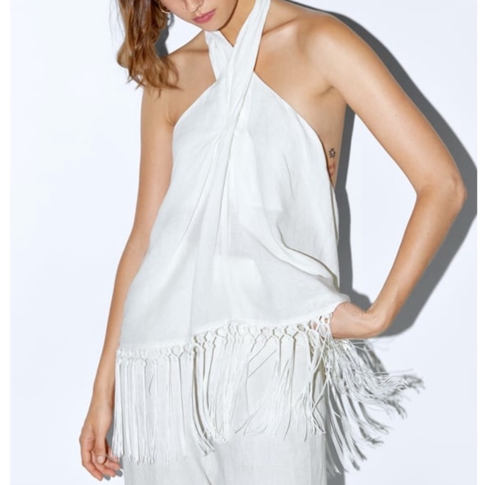 Zara White Fringe Halter Top